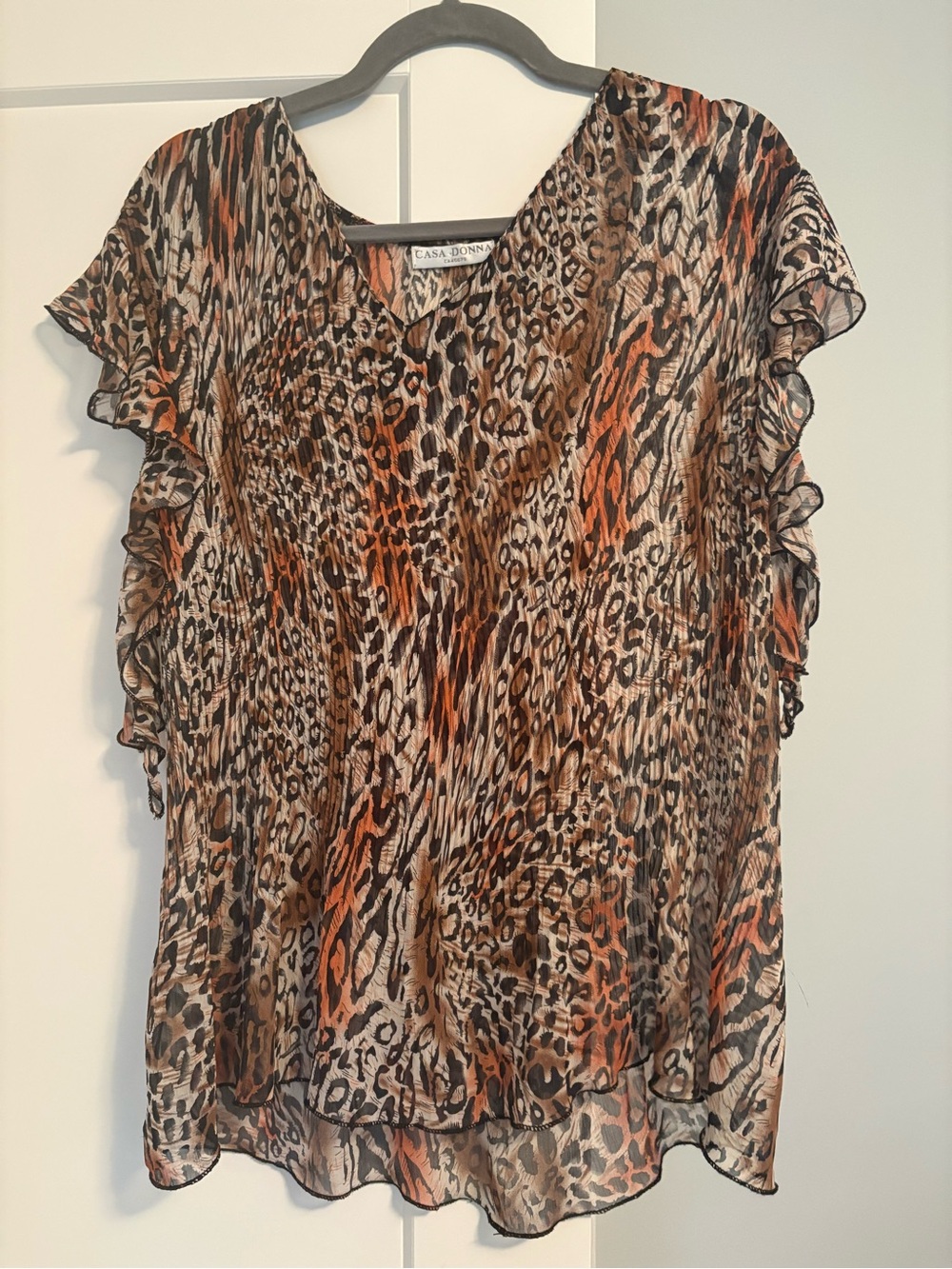 Casa Donna Brown Animal-Print Ruffle Sleeve Blouse